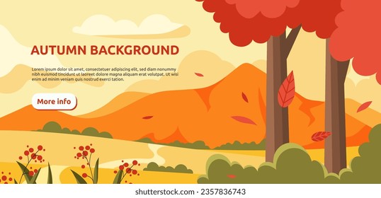 Autumn landscape backround concept. Trees at hills. Beautiful landscape and natural scene. Panorama in fall season. Bushes and leaves, red flowers. Cartoon flat vector illustration