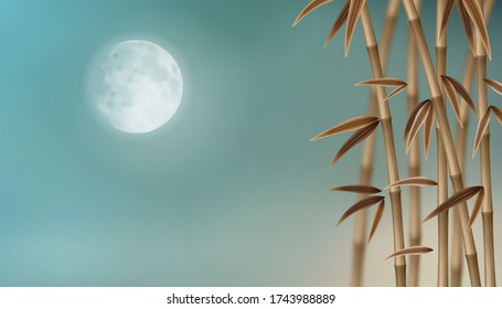 Autumn landscape with bamboo. Mid Autumn Festival background