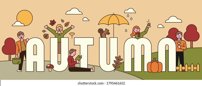 Autumn landscape banner and big'Autumn' lettering. flat design style minimal vector illustration.