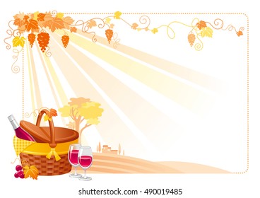 Autumn landscape banner frame. White background, vineyard grapes, sunlight ray, wine farm symbol, fall color. House countryside. Picnic basket, wine glass, alcohol bottle. Modern vector illustration.