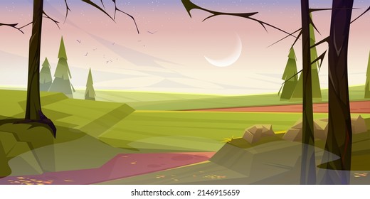 Autumn landscape with bare trees and orange leaves on green grass in early morning. Vector cartoon illustration of countryside with stones, coniferous trees, flying birds and moon in sky in fall