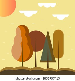 Autumn landscape in bed colors. Sun, trees, green, brown, yellow, beige. Poster, banner, post on instagram. Vector illustration.