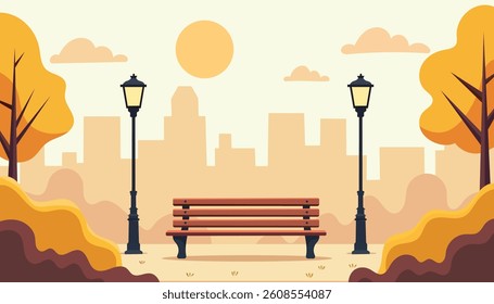 Autumn landscape with bench. Fall park with town building. Panoramic landscape colorful vector background.