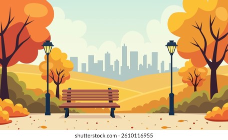 Autumn landscape with bench. Fall park with town building. Panoramic landscape colorful vector background.