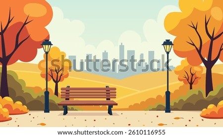 Autumn landscape with bench. Fall park with town building. Panoramic landscape colorful vector background.