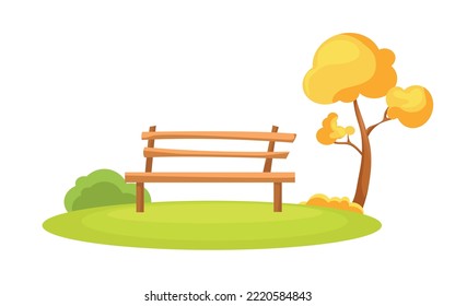 Autumn landscape. The bench stands next to the tree. Vector cartoon illustration on a white background