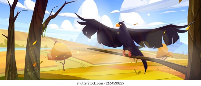 Autumn landscape with black raven with spread wings, agriculture fields and river. Vector cartoon illustration of countryside with lake, farm lands and wild crow on tree branch
