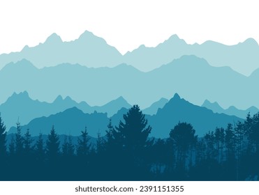 Autumn landscape with blue trees. Mountains in a warm country. hand drawing. Not AI, Illustrat3 . Vector illustration