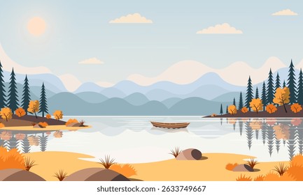 Autumn landscape with boat in lake. Autumn season vector illustration. Beautiful autumn park with calm lake surrounded by vibrant fall trees, dramatic clouds in a bright sky, and majestic mountains.