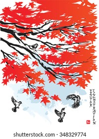 Autumn landscape with a branch of a maple and birds. Hand-drawn sketch. Vector illustration.