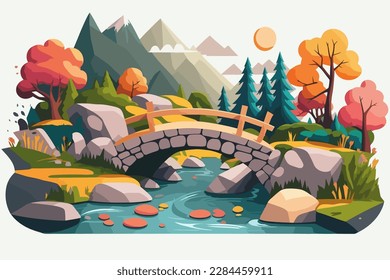 Autumn landscape with bridge and river. Flat style vector illustration. A river with a small waterfall and a log bridge