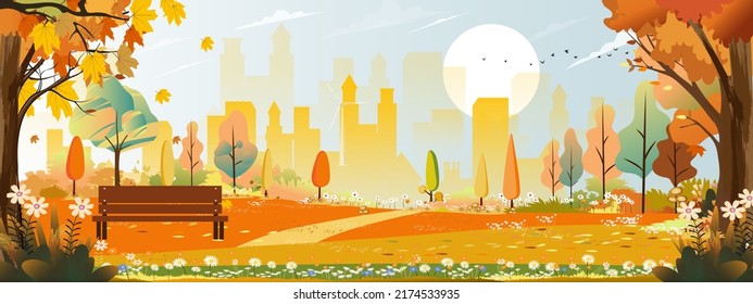 Autumn landscape with building city with blue sky behind the park,Vector illustration cartoon Fall season at the town in the morning,Cityscape natural garden with wood bench,  flower in public park