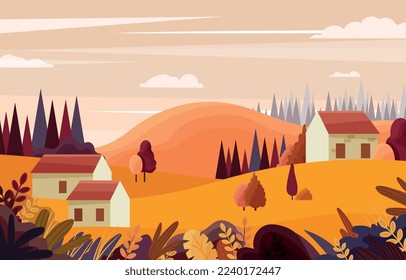 Autumn landscape with buildings. Houses and trees on hills. Design element for greeting or invitation card. Template, layout and mock up. Poster or banner for website. Cartoon flat vector illustration