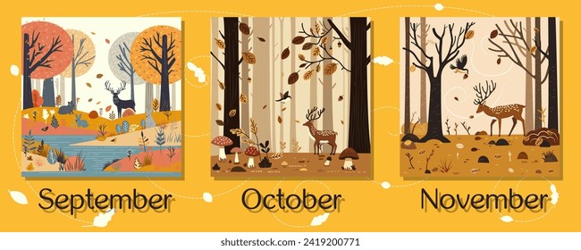 Autumn landscape calendar with deers. September, October, November on yellow frame poster. Autumn forest background. Brown leaves are falling. Wonderland landscape in fall season. Vector illustration