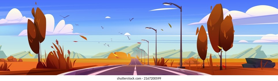 Autumn landscape with car road, street lights and mountains on horizon. Vector cartoon illustration of countryside panorama with asphalt highway, orange trees, fields and rocks