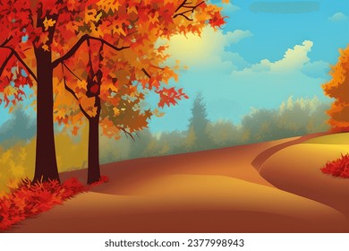 Autumn Landscape Cartoon Background, Kids Story Book illustration, Vector Style Illustration, 2d Digital Illustration