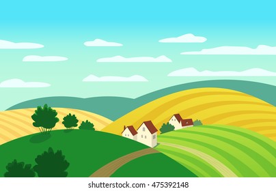 Autumn landscape. Cartoon farm houses.