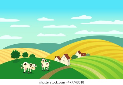 Autumn landscape. Cartoon farm houses silhouettes. Caws on meadow and winding road on fields. Rural community view among hills. Village countryside scene background. Vector Illustration