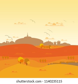 Autumn landscape with castle, bird, leaf, trees, cloud and dry grass on the october season. Vector Illustration Background