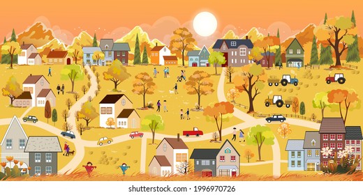 Autumn landscape in city with happy people walking at the park,Vector illustration cartoon Fall season in the town with orange foliage,Peaceful panorama natural in minimalist style Natural in the city