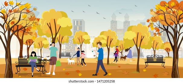 Autumn Landscape In City Park With Happy People Having Fun, Family Walking The Dog,boy Talking On Phone, Man Reading News Paper And A Girl Sitting On Bench Having Coffee Reading Book In Orange Foliage