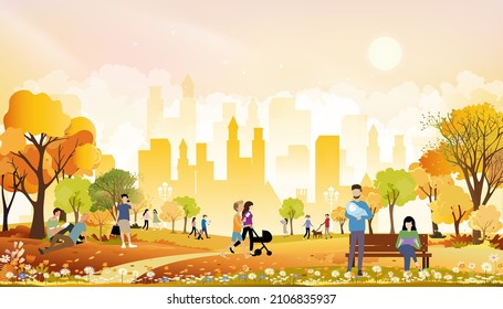 Autumn Landscape In City Park With Happy People Having Fun, Family Walking The Dog,boy Talking On Phone, Man Reading News Paper And A Girl Sitting On Bench Having Coffee Reading Book In Orange Foliage