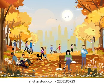 Autumn Landscape In City Park With Happy People Having Fun, Family Walking The Dog,boy Talking On Phone, Man Reading News Paper And A Girl Sitting On Bench Having Coffee Reading Book In Orange Foliage