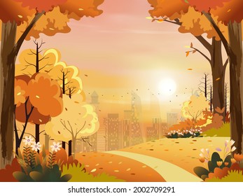 Autumn landscape with city park with pink, orange sky,Vector illustration cute cartoon in Fall season at the town in evening light with Sunset,Cityscape with grass fields and flower in  natural garden