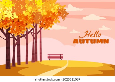 Parque de paisajes otoñales con texto Hola Otoño. Caída, árboles en follaje anaranjado amarillo, callejón, camino, banco. Ilustración de fondo del vector, afiche