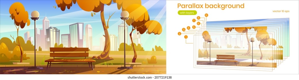 Autumn landscape of city park with wooden bench, orange trees, street lights and town buildings on skyline. Vector parallax background for 2d game animation with cartoon illustration of public garden