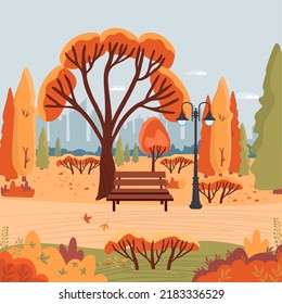 Autumn landscape with city park.Colorful trees,bush,bench,lantern,walkway,foliage,clouds and city skyline.Natural urban fall park for banner,poster.Vector flat cartoon illustration. - Shutterstock ID 2183336529