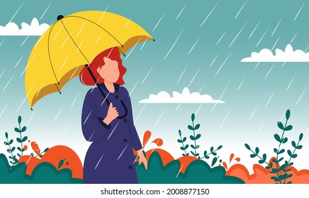 Autumn landscape city woman umbrella rain puddles of yellow trees. Enjoying autumn days. Woman in raincoat walking down the street. Girl umbralla walking under the rain.