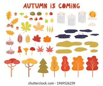 Autumn landscape clipart collection, tree, leaves, grass, puddles, isolated on white. Hand drawn vector illustration. Scene creator elements. Scandinavian style flat design. Concept for kids print