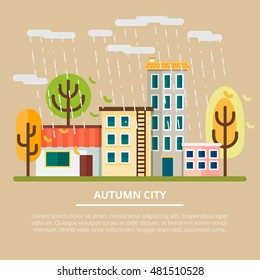 Autumn landscape in a cloudy day. City with yellow trees and rain. Leaf fall. Vector illustration.