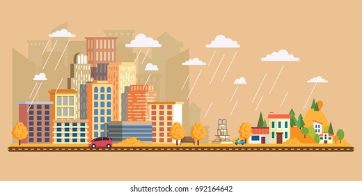 Autumn landscape in a cloudy day.Vector illustration in flat style, urban landscape with large skyline with private houses on a background hills. Asphalt road with cars.Leaf fall with rain