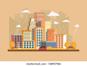Autumn landscape in a cloudy day.Vector illustration in flat style, urban landscape with large skyline with private houses on a background hills. Asphalt road with cars.Leaf fall with rain
