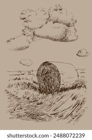 Autumn landscape. Collecting hay in the field. Linear hand sketch converted to vector drawing