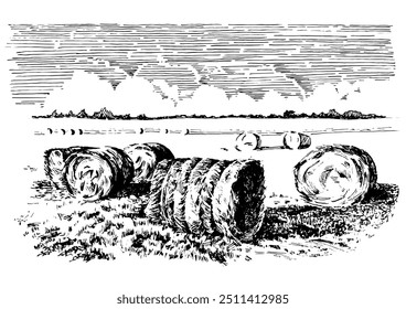 Autumn landscape. Collecting hay in the field. Linear hand sketch converted to vector drawing