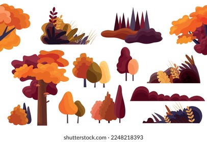 Colección del paisaje otoñal. Conjunto de elementos gráficos para el sitio web. Árboles con hojas amarillas y arbustos anaranjados. Ciudad o parque de la ciudad. Ilustraciones de caricaturas de vectores planos aisladas en fondo blanco