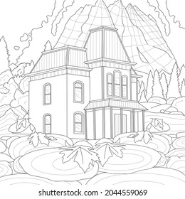 Autumn landscape for coloring, a house in the mountains and fallen leaves of the nature of the Christmas tree. Coloring book antistress for adults and children