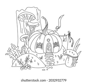 Autumn landscape coloring page. Cute cozy house with pumpkins. Mushrooms, viburnum. Line art. Colouring book in doodle style.