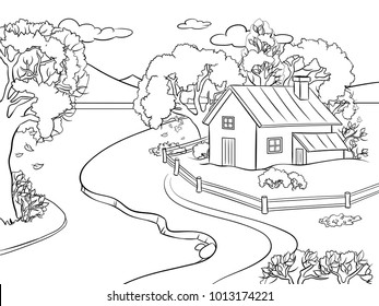 Autumn landscape coloring vector illustration. Isolated image on white background. Comic book style imitation.