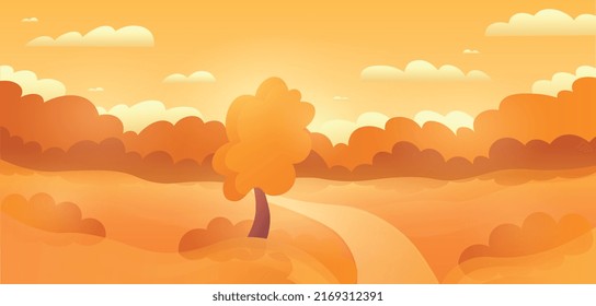Autumn landscape concept. Trees with golden leaves stands in field next to road. Beautiful pictures with nature, countryside. Stylish wallpaper for phone or computer. Cartoon flat vector illustration