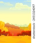 Autumn landscape. Countryside. Fields and vegetable gardens. Funny cartoon style. Picture vector