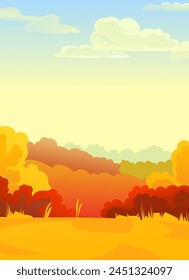 Paisaje otoñal. Campo. Campos y huertos. Divertido estilo de dibujos animados. Vector de imagen