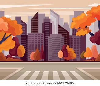 Autumn landscape crosswalks. Pedestrian crossing, traffic regulation. City streets, trees and skyscraper. Poster or banner for website. Fall season metaphor. Cartoon flat vector illustration