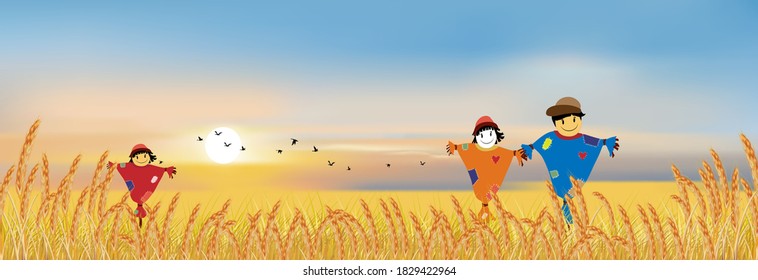 Autumn landscape with cute cartoon smiling scarecrow standing at ripe wheat and grass field,Panoramic village with meadow in fram field and with sunset, Vector natural panorama in fall season