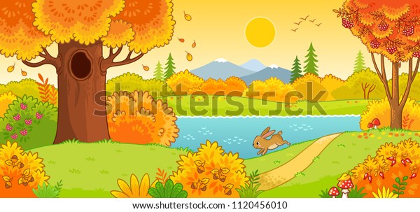 秋の風景 秋の森を走るかわいいウサギ 動物が漫画のように描かれたベクターイラスト のベクター画像素材 ロイヤリティフリー