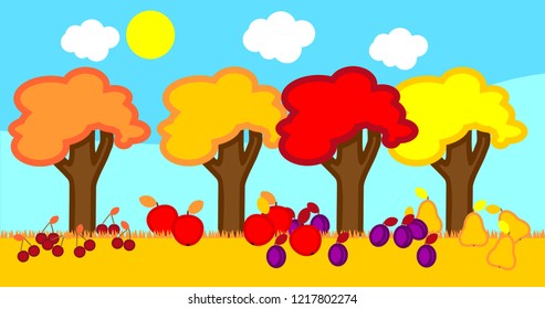 Autumn landscape with different fruit trees, green grass, blue sky and yellow sun