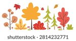 Autumn landscape elements with colorful trees, bushes, mushrooms and falling leaves. Flat vector collection for seasonal nature scenes and woodland illustrations